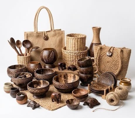 Wooden and coconut-shell bowls, carved spoons, jute bags and woven mats