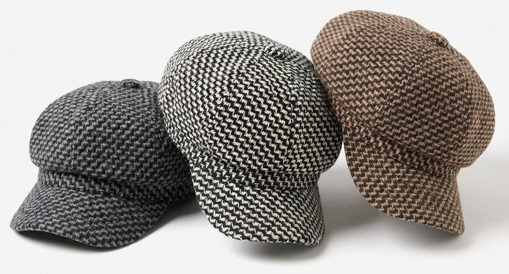 Three houndstooth tweed newsboy caps in gray, black-white and brown on white background
