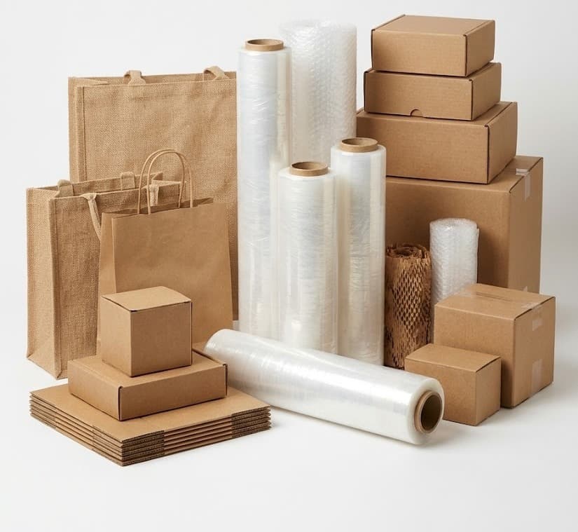 Stretch wrap rolls, kraft boxes, jute and paper bags packaging set