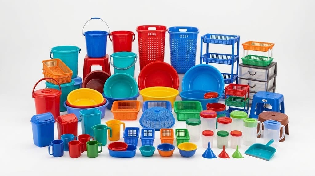 Colorful plastic buckets, baskets, basins, mugs and stools arranged on white background